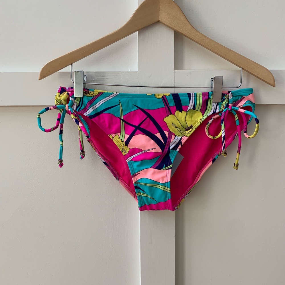 Roxy Floral Tie-Side Bikini Bottoms in Pink, Teal & Yellow